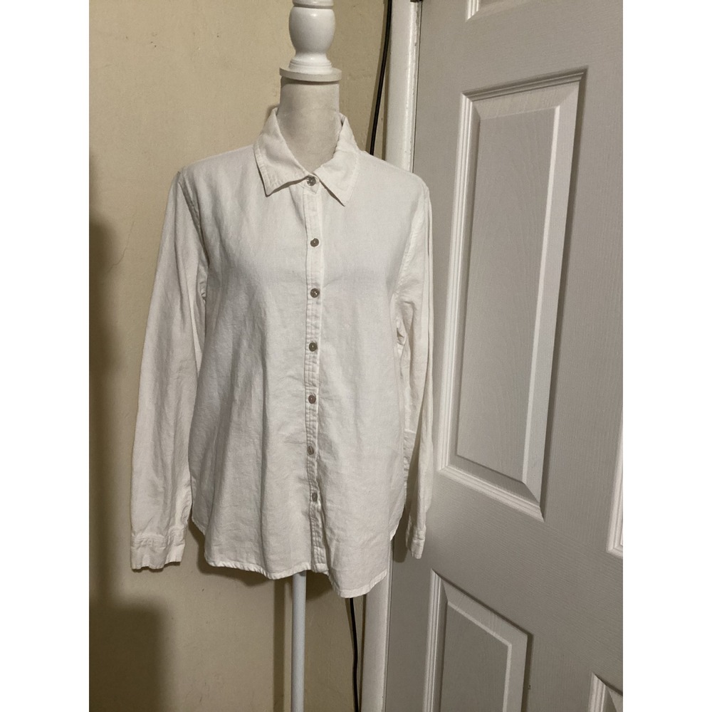 Orvis Classic Collection White Linen Blend Roll Tab Button Down Shirt Womens L